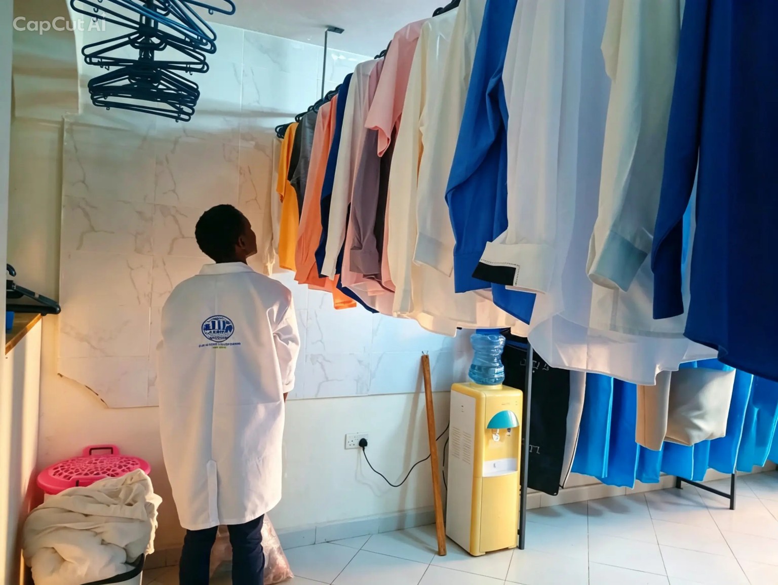 Clothes hanging and laundry workspace